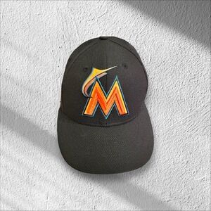 NWOT Miami Marlins MLB New Era 39Thirty Flex Fit Blk/Org/BL Cap Size 7 1/8